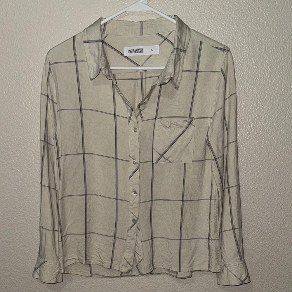 Carve Designs Tan & Gray Plaid Button Down Shirt Flannel sz Small